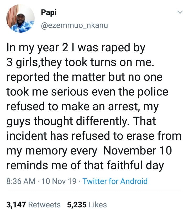 Nigerian Man Raped By Three Ladies In University, Still Traumatized (Photo)