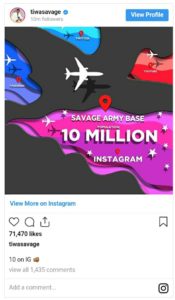 See how Tiwa Savage celebrated 10 million followers on Instagram