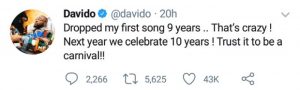 Davido Reveals Future Plan For Music Industry After Releasing His First Song 9 Years Ago